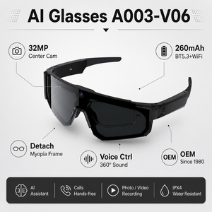 Lunettes Intelligentes IA avec Photo 32MP, Vidéo 8MP 1080P, Bluetooth 5.3, Wi-Fi Double Bande, IP54, Commande Vocale, Son 360°, Monture Myopie, Fabricant OEM ODM - Product Image 2
