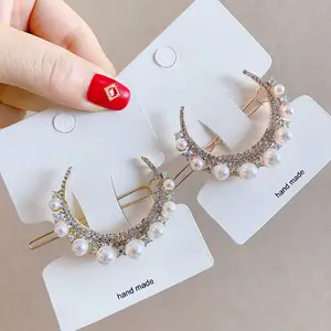 Fancy pearl hair jewelry alloy moon shape rhinestone crystal hair clip side hairgrips for daily party wedding decoration