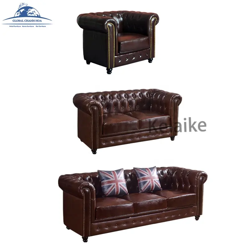 Mỹ cổ điển chesterfield thiết kế bọc da cổ điển chesterfield sofa Set cho phòng khách cổ Cigar sofa chai