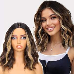 <span class=keywords><strong>Peluca</strong></span> <span class=keywords><strong>ondulada</strong></span> corta marrón oscuro de mezcla de castaño de 15 pulgadas para mujer, línea de cabello de encaje, estilo Bob, pelo sintético resistente al calor para Cosplay - Product Image 1