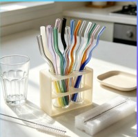 Pailles en verre borosilicate colorées ondulées, prêtes à l'emploi (RTS), pour la maison, le bar, les fêtes, vente en gros, qualité alimentaire