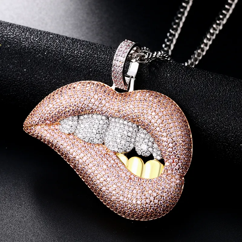 Micro Pave AAA CZ Iced Out Bling Sexy Women Jewelry Hip Hop Lip Pendant Necklace Dropshipping