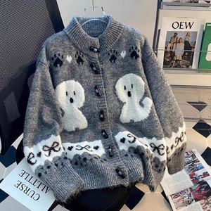 Cute Women's Knit <b>Cardigan</b> Grey Anime Cartoon Jacquard Loose Autumn Winter Sweater ZY216 - Product Image 1