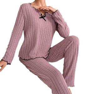 Cross-border European and American solid color autumn and winter pajama set with <b>bow</b>, women's home wear, long sleeves and - Product Image 3