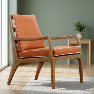 Solid Teak Wood and Cow Leather Lounge <b>Chair</b> with Removable Cushion Modern Vintage Contemporary Style for Living Room Accent - Product Image 3