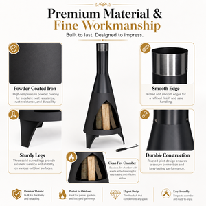 Cheminée à bois conique en acier noir avec cheminée haute et pique à bois pour patio et foyer extérieur - Product Image 3