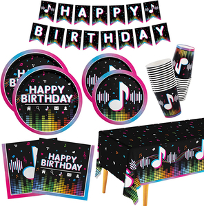 Articles de fête sur le thème de la <span class=keywords><strong>musique</strong></span> : Assiettes, serviettes, gobelets, nappes et bannières jetables pour décorations d'<span class=keywords><strong>anniversaire</strong></span> de fête musicale pour filles et garçons - Product Image 1