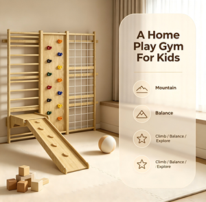Gymnase mural d'activités pour tout-petits <span class=keywords><strong>en</strong></span> <span class=keywords><strong>bois</strong></span> naturel de qualité supérieure <span class=keywords><strong>avec</strong></span> poignées d'escalade, échelle <span class=keywords><strong>en</strong></span> corde, toboggan et <span class=keywords><strong>anneaux</strong></span> de trapèze - Product Image 5