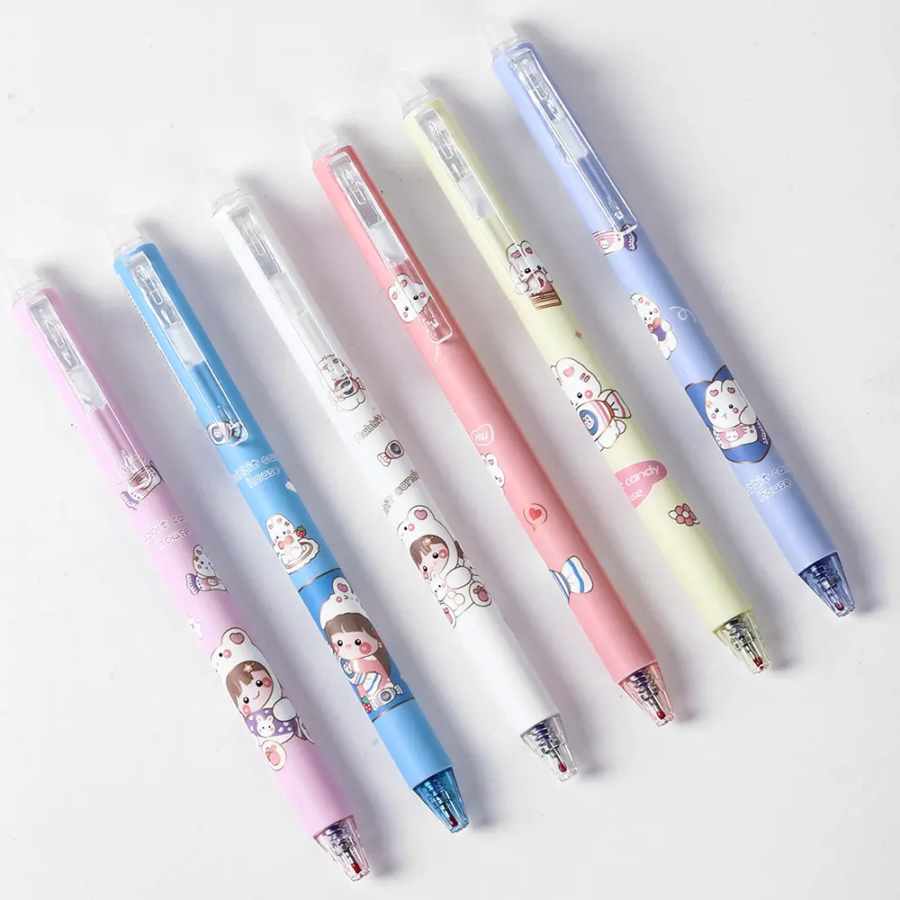 XINGMAI Conjunto de canetas de gel apagáveis fofas de desenho animado, caneta de plástico 5448 com glitter preto de 0,5 mm, sacola de plástico azul, ideal para uso por atacado
