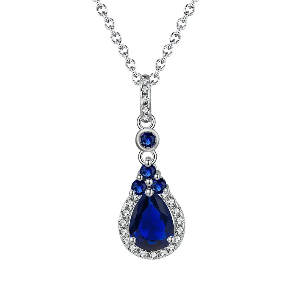 925 Sterling Silver Pear Shape Sapphire Pendant Necklaces for Women Wholesale Blue Color CZ Crystal Zircon Silver Necklace
