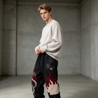 Pantalon de jogging épais pour homme, délavage vintage, broderie chenille motif serpent, patch flamme, streetwear, tenue décontractée quotidienne
