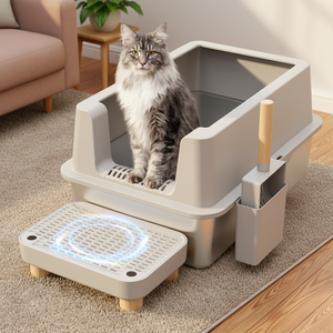 Caja de Arena para Gatos Cuadrada de Acero Inoxidable con Diseño <span class=keywords><strong>Abierto</strong></span> Fácil de Limpiar, Paredes Gruesas, Recipiente Semicerrado - Product Image 1