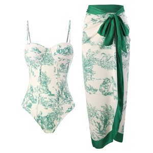 Manufacturer Custom New Sexy Print <strong>3</strong> <strong>Piece</strong> Bikini Beachwear With Sarong Cover up Ruffle Swimsuit Women Bandeau <strong>Swimwear</strong> - Product Image 3