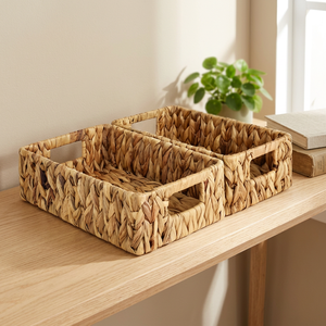 <b>Rectangular</b> Natural Water Hyacinth <b>Storage</b> <b>Basket</b> With Handles Rustic Multi Purpose Organizer for Home Desktop Neatening - Product Image 2