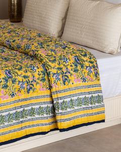 Reversible Cotton Quilt Yellow Blue Pink Block Print Boho Bed Cover King Comforter Soft All Season - Product Image 3