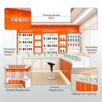 Complet ensemble de mobilier de magasin de téléphonie mobile : vitrine murale d'exposition d'accessoires et comptoir de démonstration de téléphones portables, combinaison blanc et orange