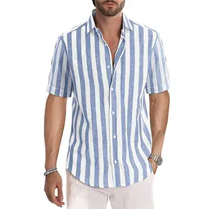 Casual manga curta elegante Button-Up vestido listrado masculino manga curta camisas camisa de algodão