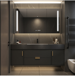 Mueble de baño gris europeo con espejo de panal, pantalla de hora, encimera gris y lavabo suspendido. - Product Image 4