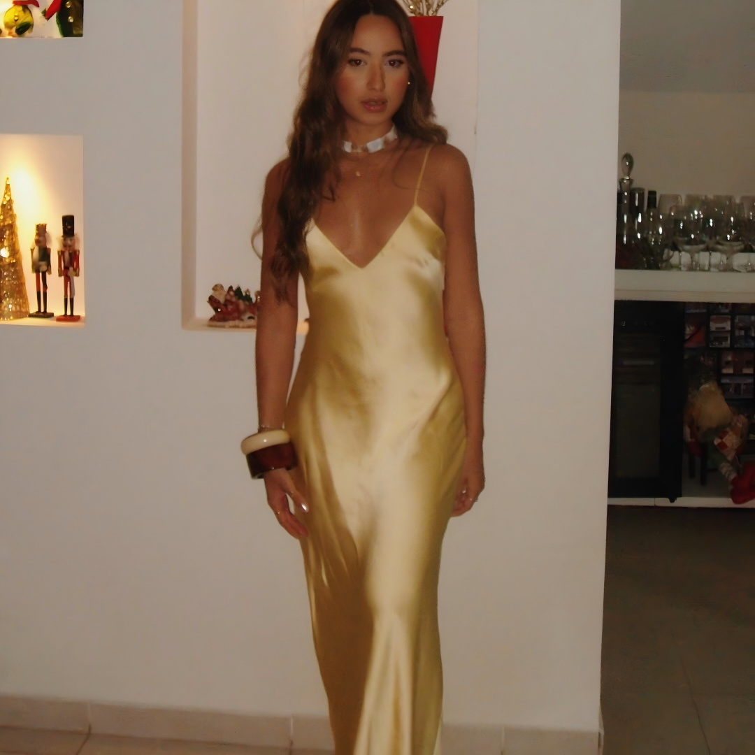 knee length dresses for ladies Satin Deep V Neck Strapless Maxi Dress With Gold Belt – RAISA VANESSA INT