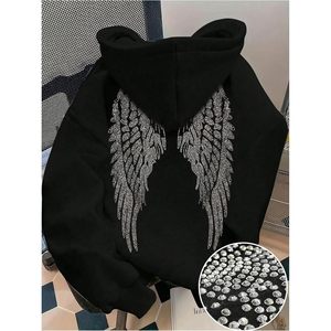 Sweat-shirt à capuche pour femme avec ailes en strass scintillants, manches longues, streetwear, avec poche, tissu tricoté respirant - Product Image 4