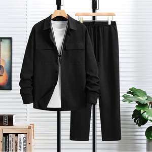 طقم رجالي قطعتين أنيق وعصري للمناسبات الكاجوال: بدلة أنيقة للموظفين بياقة مطوية، قميص بأكمام طويلة، وبنطلون كاجوال للرياضات الخارجية - Product Image 5