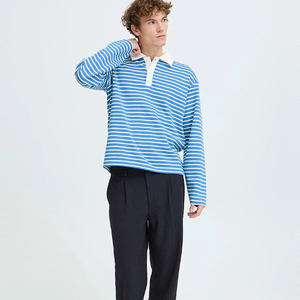 <b>Men's</b> <b>Striped</b> <b>Long</b> <b>Sleeve</b> Polo <b>Shirt</b> Oversized Fit Casual Knitted Cotton Breathable Regular Length Top - Product Image 3