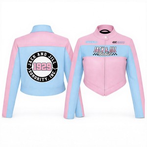 แจ็คแอนด์จิล ออฟ อเมริกา ซอร์โรริตี้ เสื้อแจ็คเก็ตหนัง PU คุณภาพสูง ทรงครอปเข้ารูป แจ็คเก็ตสไตล์เรซซิ่ง  รับสั่งทำโลโก้ได้ - Product Image 1