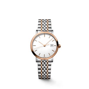 Reloj de cuarzo bicolor para mujer en oro rosa y plata con esfera blanca y ventana de fecha - Product Image 1
