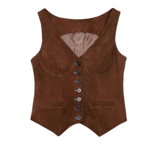 5902 Genuine Goat Leather Vest Single Breasted V-Neck Casual Slim Design Outer Wear Sheep Suede Waistcoat for Women