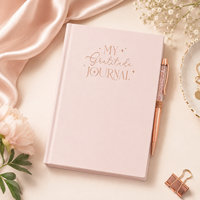 Carnet de Gratitude Personnalisé Couverture Rigide Rose Poudré avec Paillettes Or Rose et Stylo Cristal – Coffret Cadeau OEM en Gros