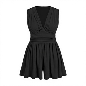 Women's Sleeveless Deep V Neck A-Line Mini <b>Dress</b> <b>Elastic</b> Waist Pleated Solid Black Casual Summer <b>Dress</b> - Product Image 3