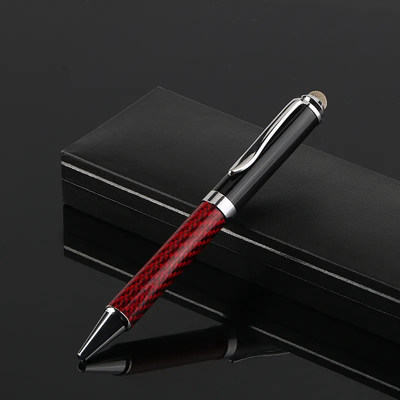 고품질 개인화 된 빨간 스타일러스 금속 볼펜 독특한 디자인 탄소 섬유 펜 케이스