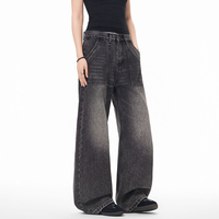 Pantalon en jean décontracté pour homme, style américain rétro, taille haute, coupe ample, jambe large, délavé et déchiré