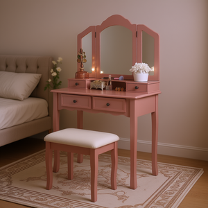 Juego de tocador de madera DB Sanlo con taburete, espejo ajustable, mesa de maquillaje, diseño tradicional, madera maciza de roble - Product Image 2