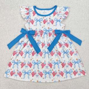 Vestido de Verano RTS para Niña Pequeña, Diseño Patriótico del Día de la Independencia del 4 de Julio con Estampado de Bandera Americana y Lazos Azules - Product Image 3