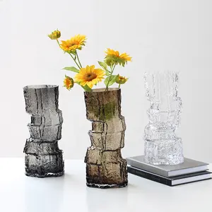 Vaso de vidro soprado Bixuan para decoração de casa, vaso de vidro com textura ondulada martelada, vaso de vidro irregular