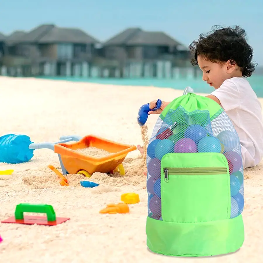 맞춤형 로고 메쉬 비치 가방 접이식 수영장 쉘 스트랩 어린이 해변 장난감 보관 가방 해변 졸라매는 끈