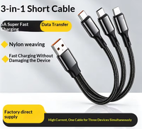 Kabel Data Pendek 3-in-1 0.2m Hitam Berbahan Nilon Kepang dengan Konektor USB-A//Micro USB/Type-C, Kabel Data Pengisian Daya Super Cepat 5A