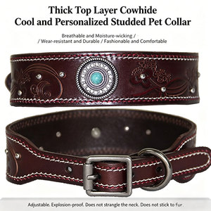 Collar de Cuero de Grano Completo para Mascotas, Nuevo Collar de Cuero Vacuno Grabado <span class=keywords><strong>con</strong></span> Costuras y Tachuelas de Diamantes de Imitación para Perros Medianos y Grandes - Product Image 5