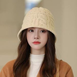 Chapeau bob en tricot torsadé blanc cassé, chaud, en laine, pour adultes - Product Image 1