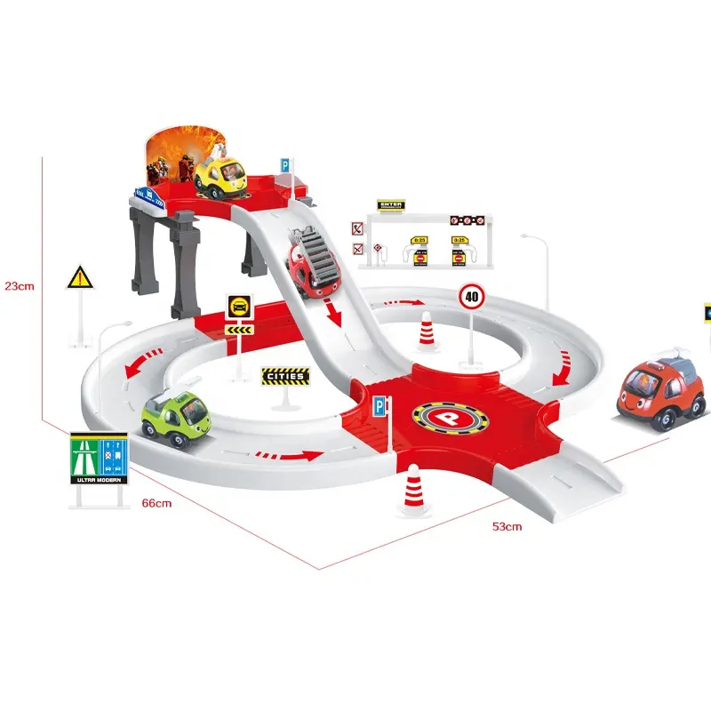 Großhandel große kinder feuer parkplatz set mit mini cartoon auto track spielzeug zurückziehen auto track spielzeug für kinder