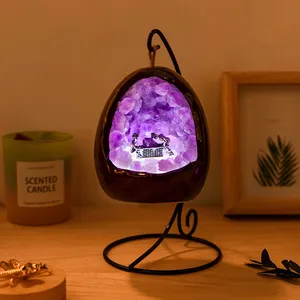Wholesale Natural Healing Crystal DIY handmade light Dinosaur egg Amethyst lamp with miner home decoration