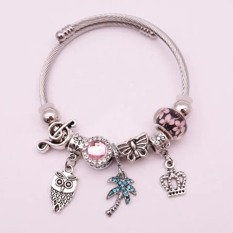 Ins perle rose en acier inoxydable hibou bleu Zircon cocotier couronne Dangle papillon manchette Bracelet