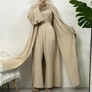 Toptan Dubai kadınlar için 3 parça Abaya Set müslüman Eid Abaya Modest suit Set mütevazı elbise Kaftan Set siyah Abaya Tops