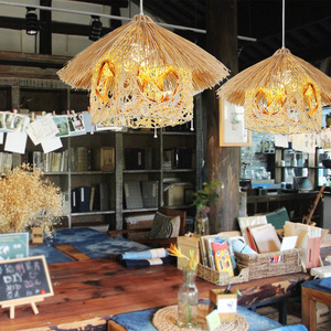 Lámpara colgante de ratán redonda E27 con bombilla LED de bajo consumo para iluminación decorativa de sala de estar - Product Image 4