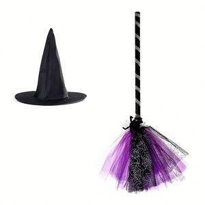 Set de Disfraces de Bruja para Fiestas de Halloween y Navidad, Sombrero Mágico, Escoba, Decoración, Hecho a Mano en Plástico - Product Image 2