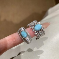 Bague de luxe vintage en turquoise brossée, avec bande épaisse en zircon, style rétro, pour femme, ensemble de bijoux pour doigt