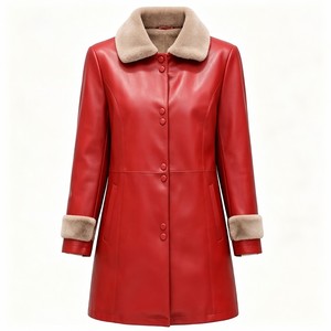 Manteau d'hiver en similicuir rouge avec col et poignets en fourrure, élégante veste pour femme à simple boutonnage - Product Image 1