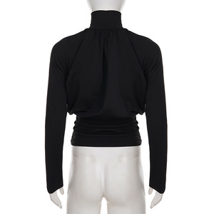 Top Corto de Manga Larga con Cuello Alto y Fruncido para Mujer, Elegante y Minimalista, a la Moda - Product Image 6