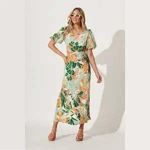 Nova chegada da primavera das mulheres roupas tangerina e folha verde impressão maxi dress daily casual dress mulheres
